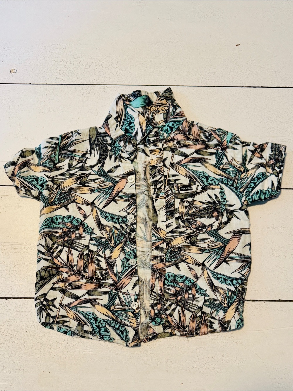 Volcom Tropical Leaf Button-Up Shirt - Teal, Beige & Black
